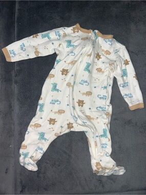 Baby Footed Zipper Sleeper - White with Blue & Tan Animal Print